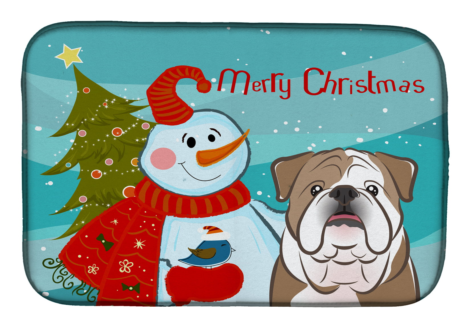 Snowman With English Bulldog Dish Drying Mat