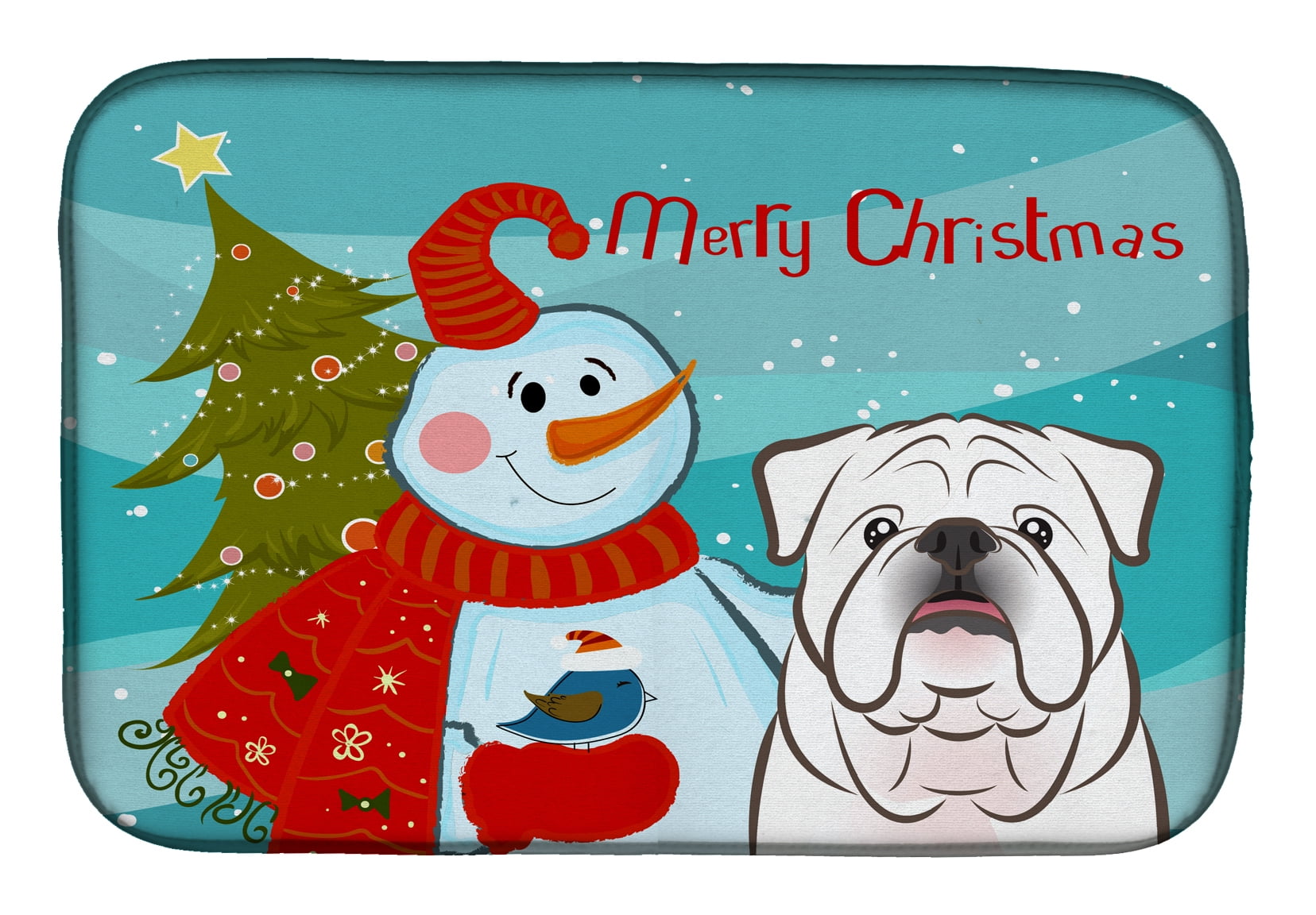 Snowman With White English Bulldog Dish Drying Mat