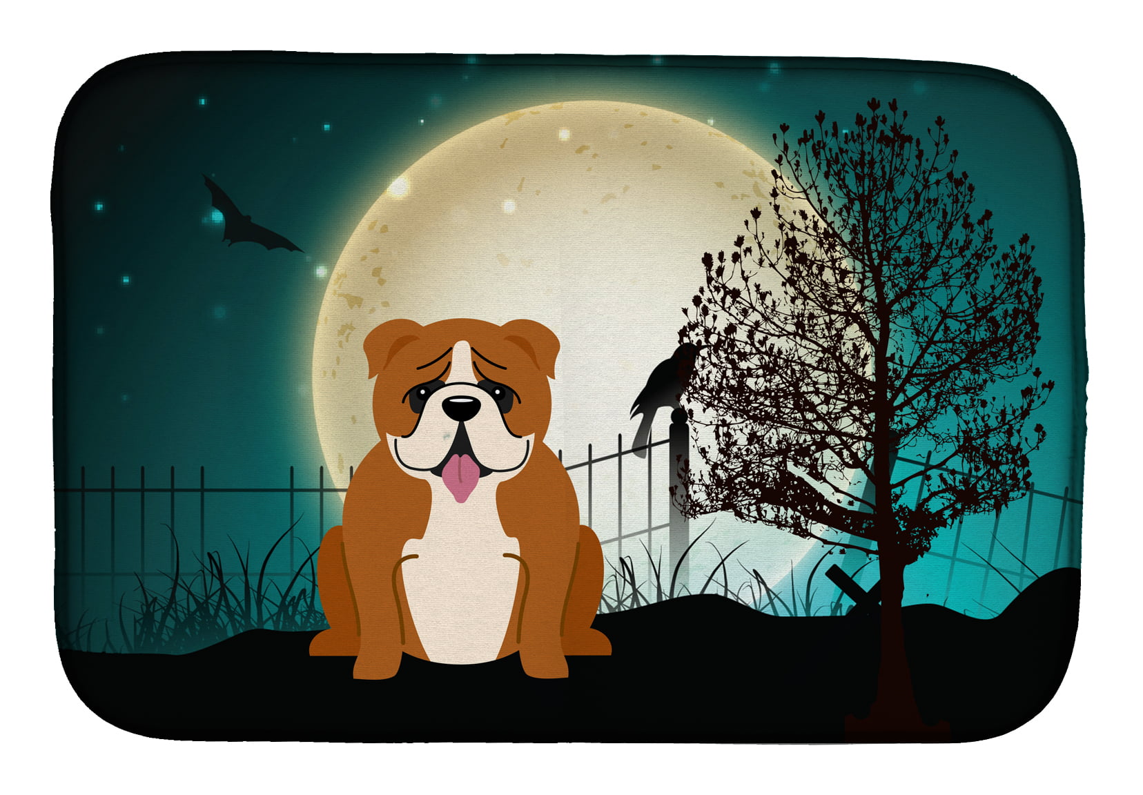Halloween Scary English Bulldog Red White Dish Drying Mat