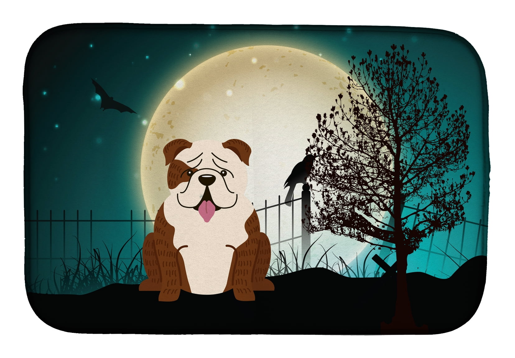 Halloween Scary English Bulldog Brindle White Dish Drying Mat