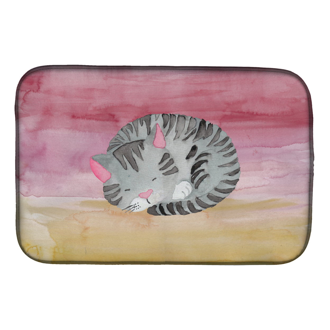 Sleeping Grey Cat Watercolor Dish Drying Mat