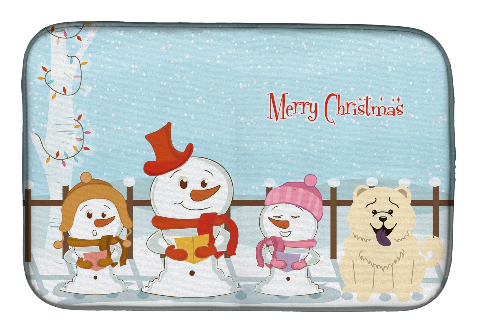 Merry Christmas Carolers Chow Chow White Dish Drying Mat