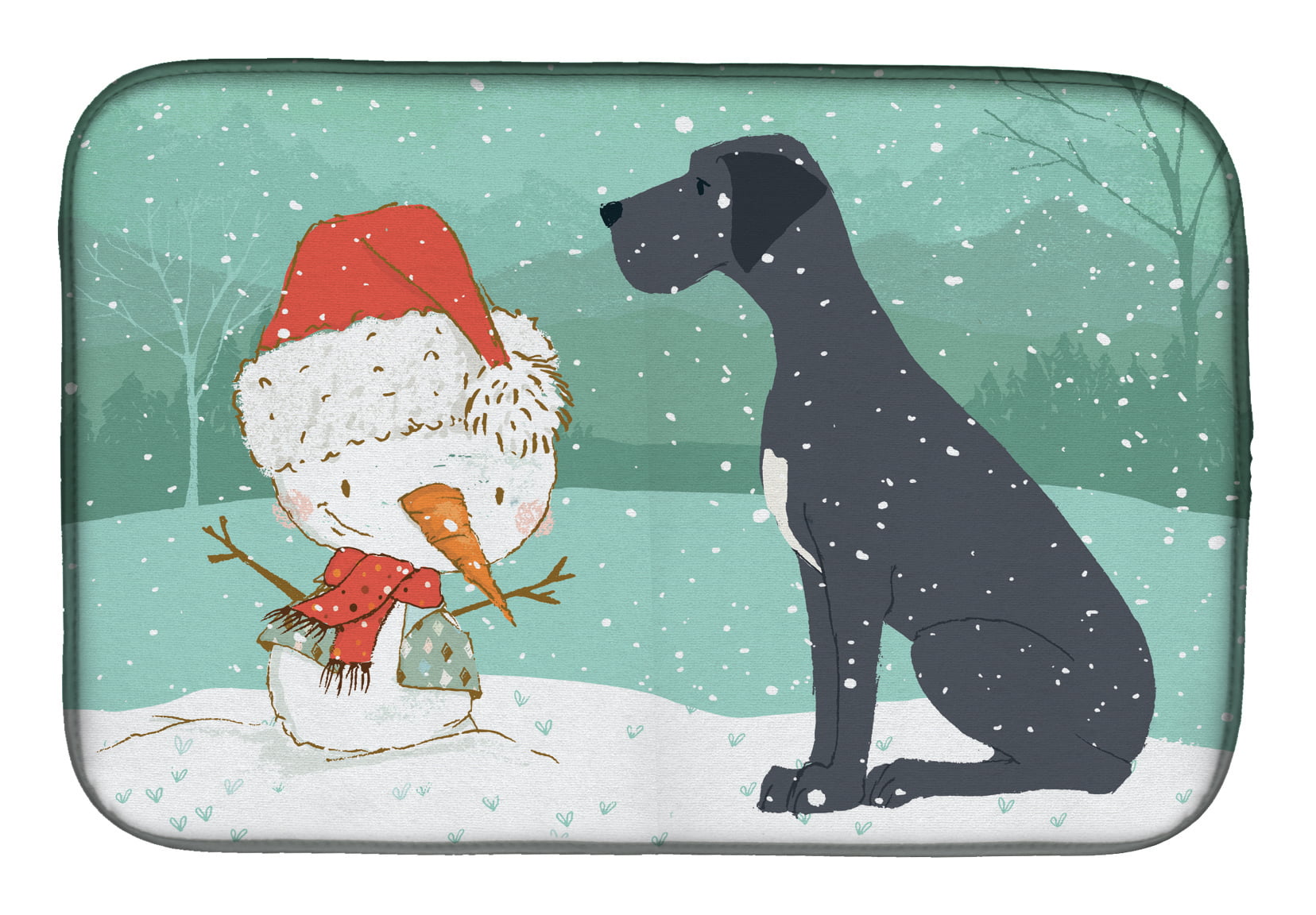 Picture of Carolines Treasures CK2039DDM Black Great Dane & Snowman Christmas Dish Drying Mat