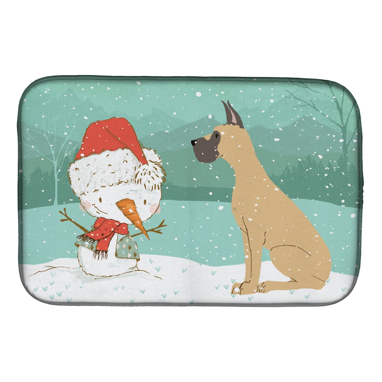 Picture of Carolines Treasures CK2041DDM Cropped Fawn Great Dane Snowman Christmas Dish Drying Mat