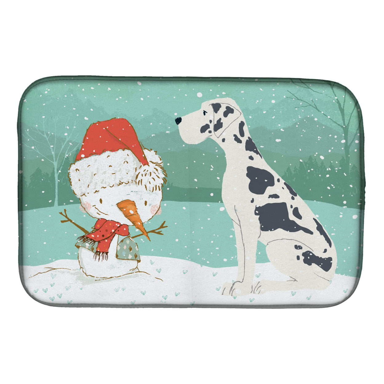 Harlequin Great Dane Snowman Christmas Dish Drying Mat