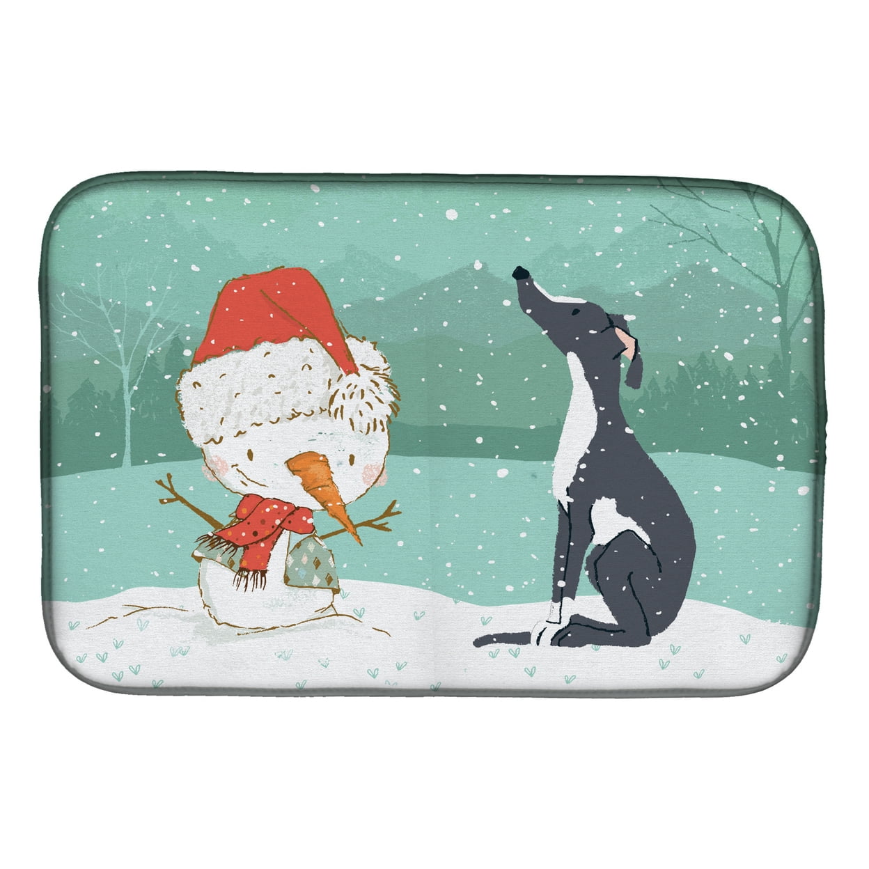 Black Greyhound Snowman Christmas Dish Drying Mat