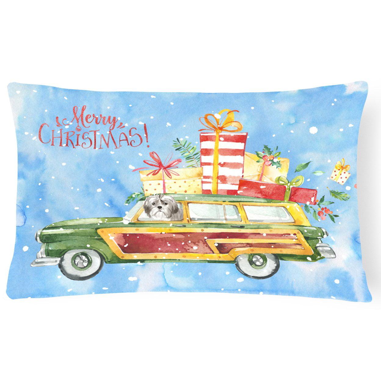 Merry Christmas Shih Tzu Puppy Cut Canvas Fabric Decorative Pillow