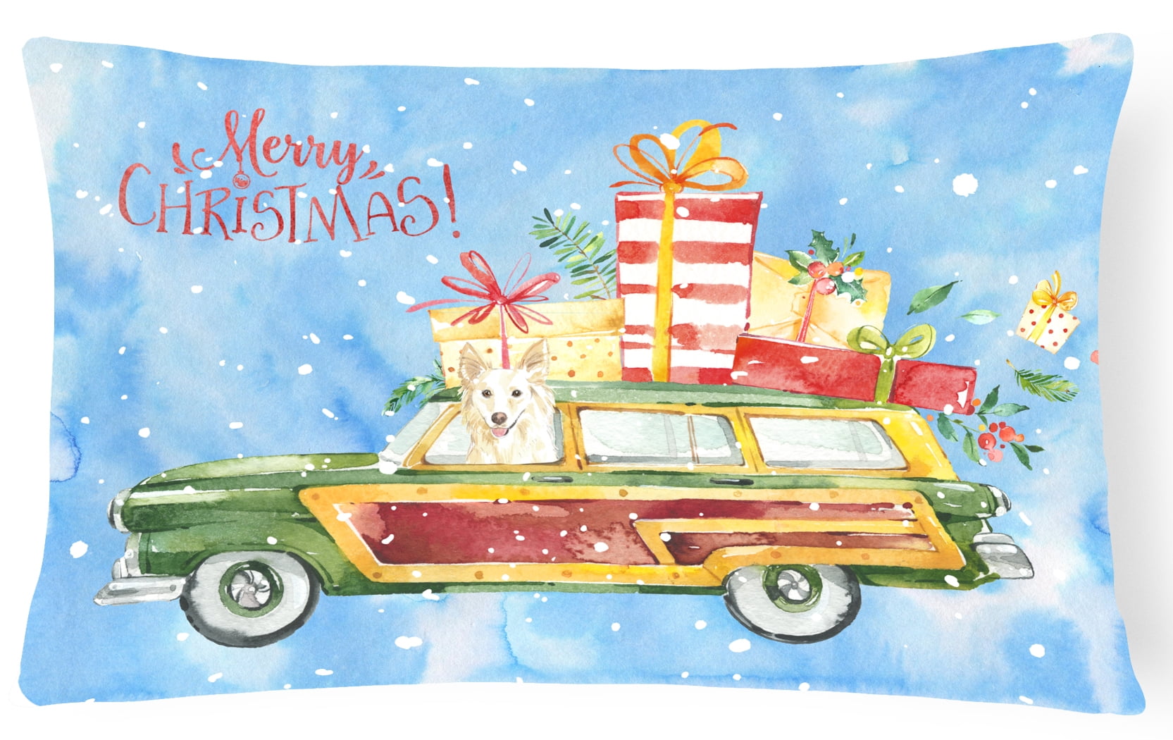 Merry Christmas White Collie Canvas Fabric Decorative Pillow