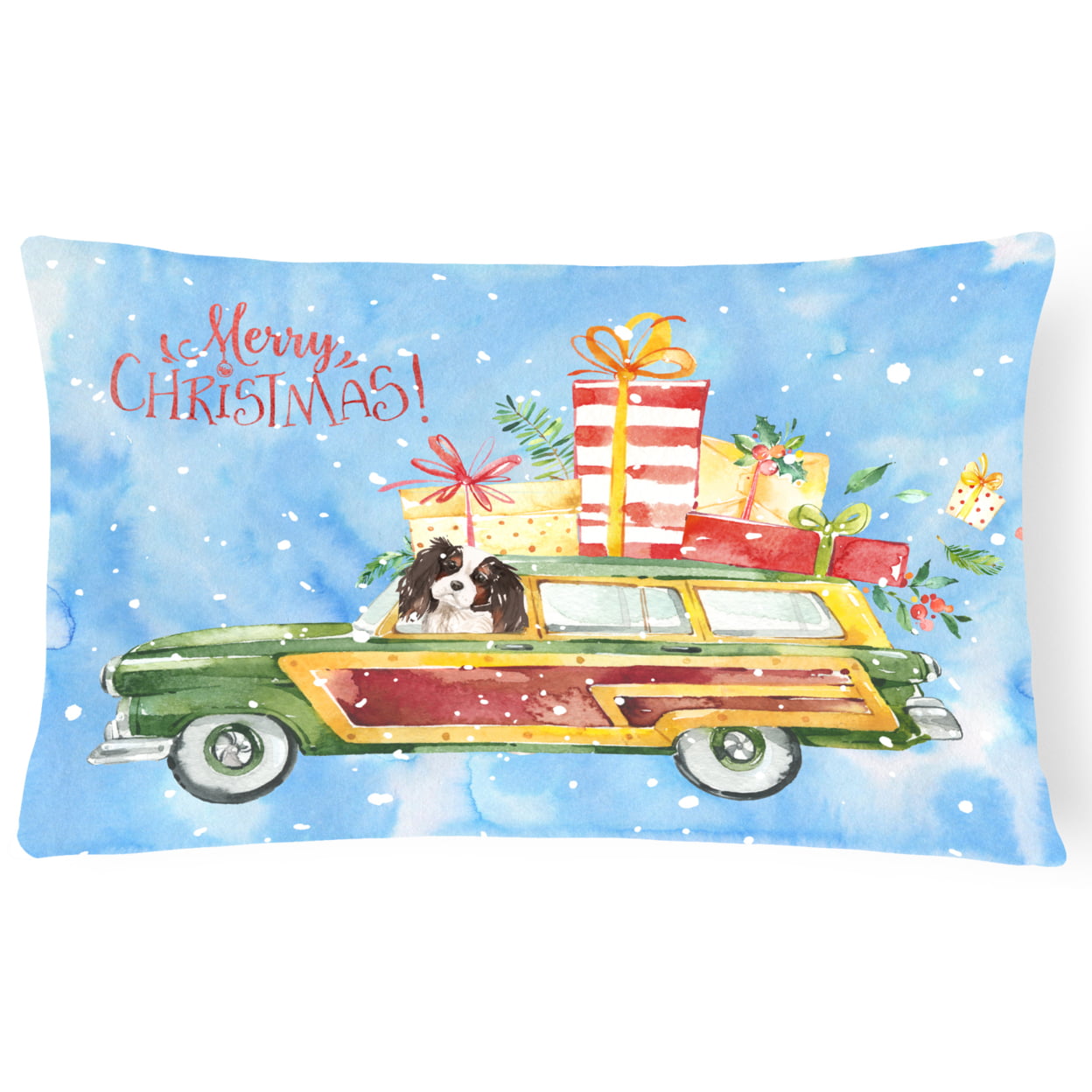 Merry Christmas Tricolor Cavalier Spaniel Canvas Fabric Decorative Pillow