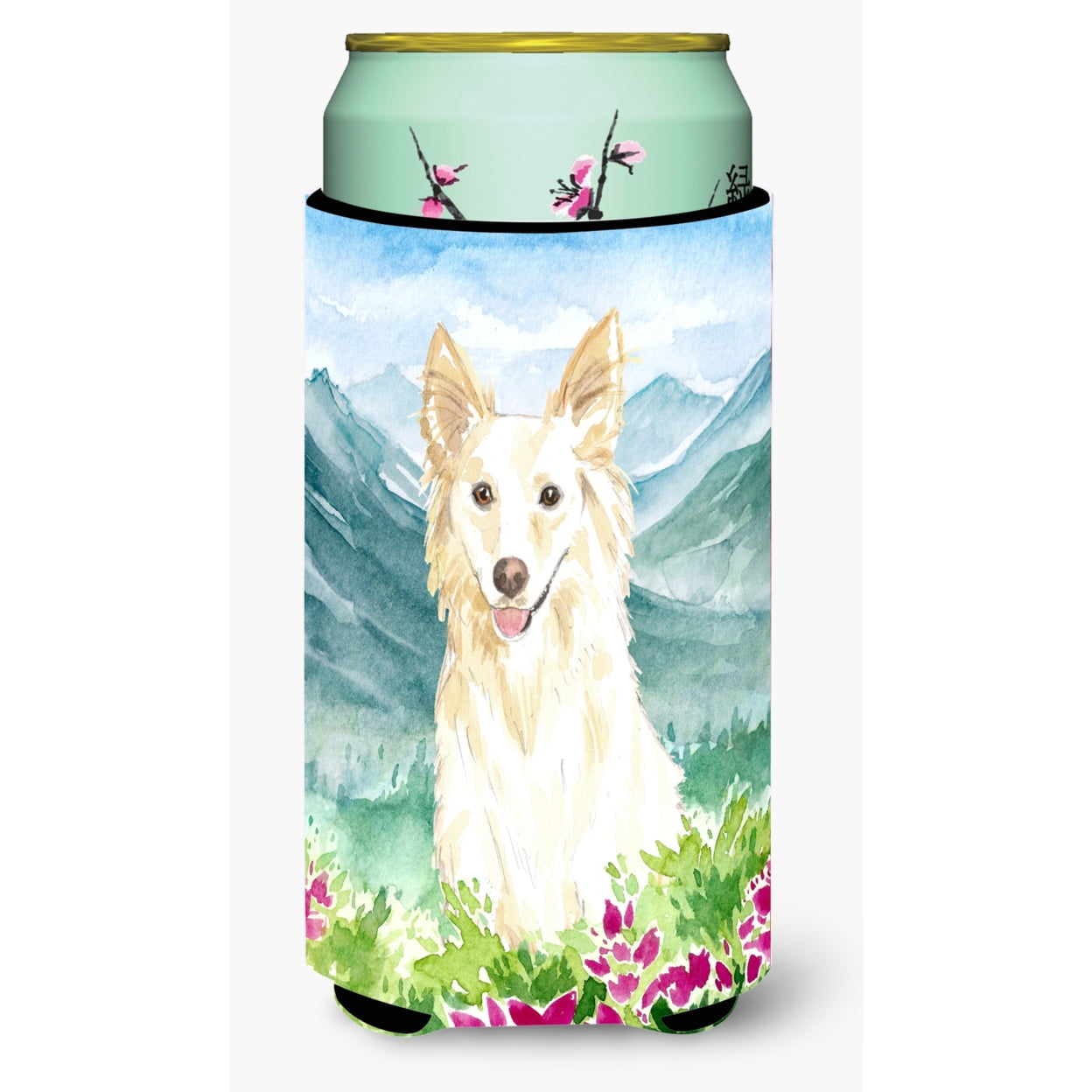 Mountian Flowers White Collie Tall Boy Beverage Insulator Hugger