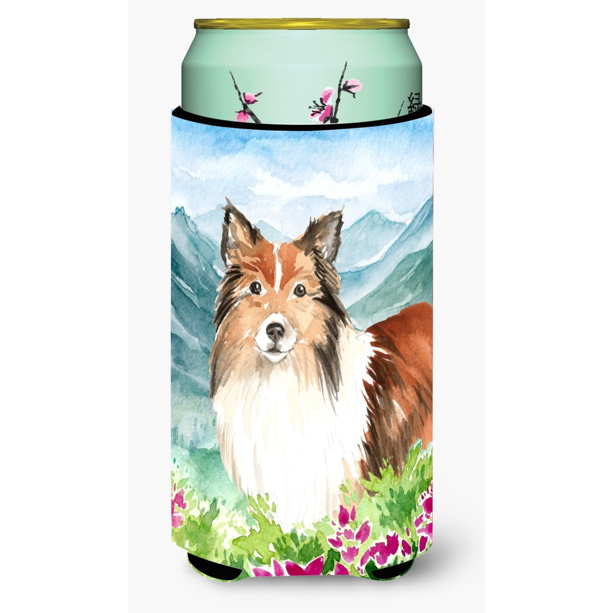 Mountain Flowers Sheltie Tall Boy Beverage Insulator Hugger