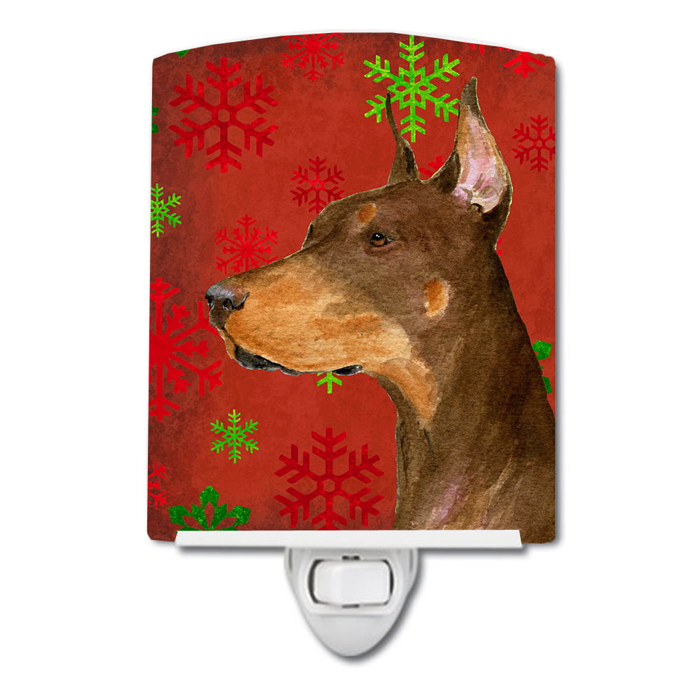 Doberman Red & Green Snowflakes Holiday Christmas Ceramic Night Light