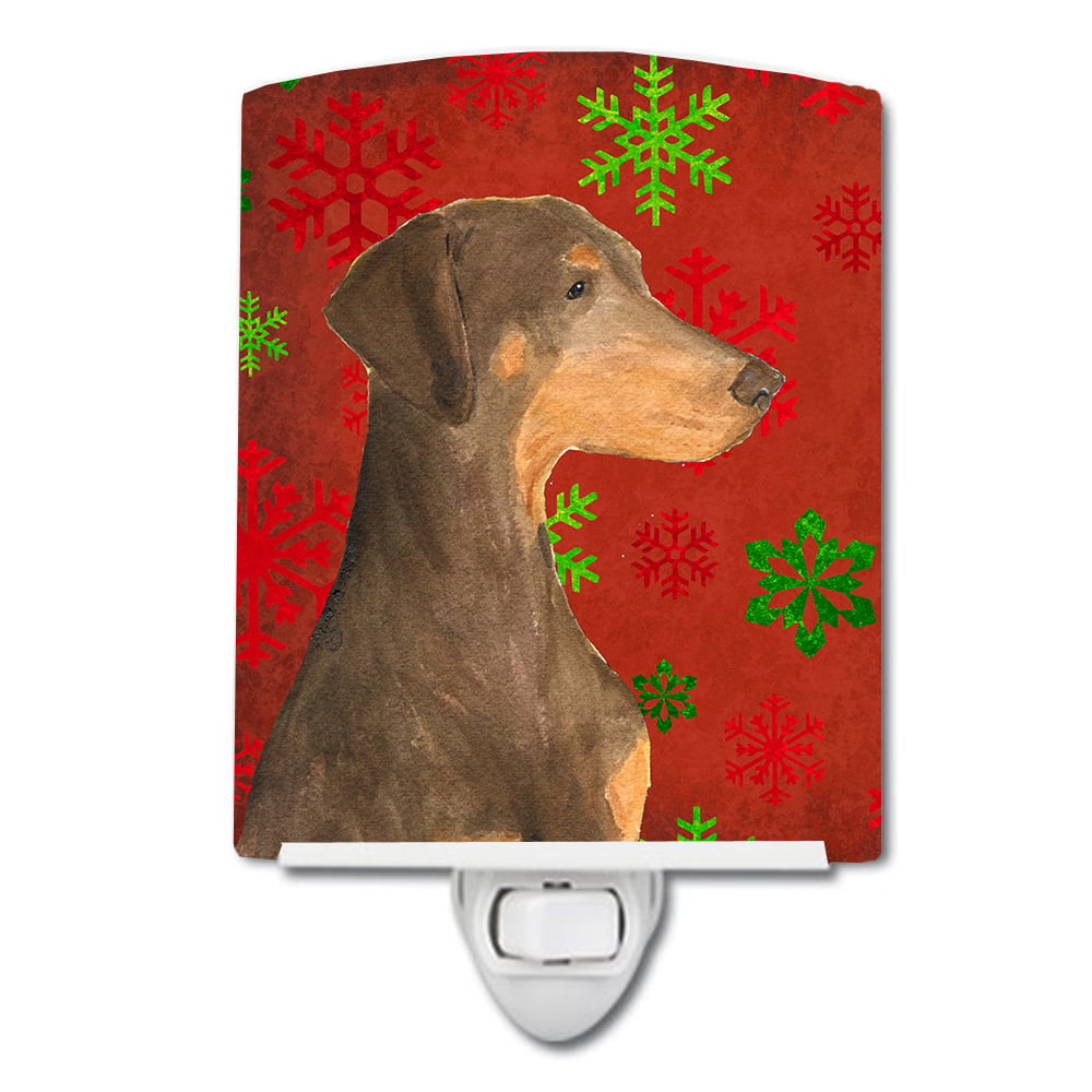 Doberman Red & Green Snowflakes Holiday Christmas Ceramic Night Light