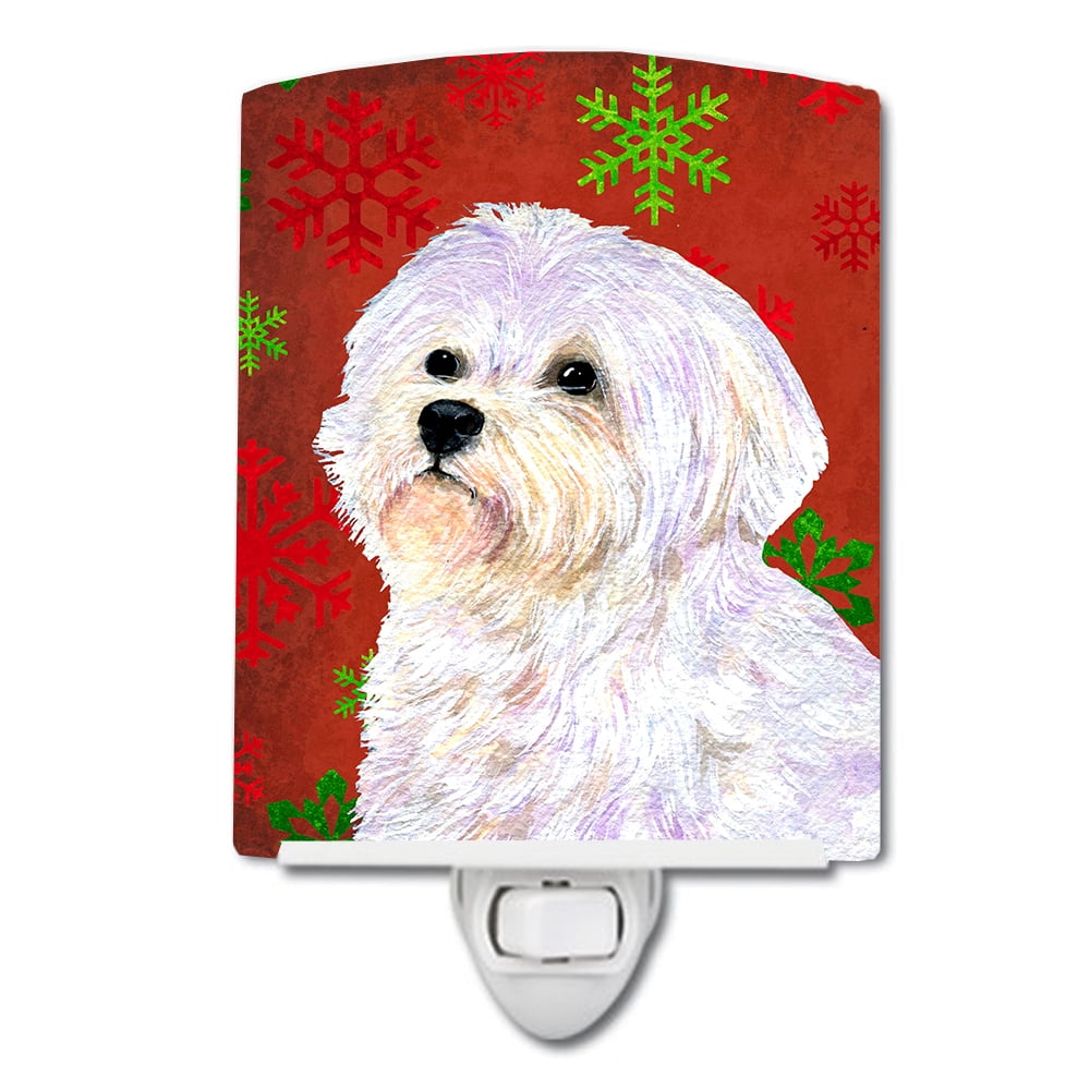 Maltese Red & Green Snowflakes Holiday Christmas Ceramic Night Light