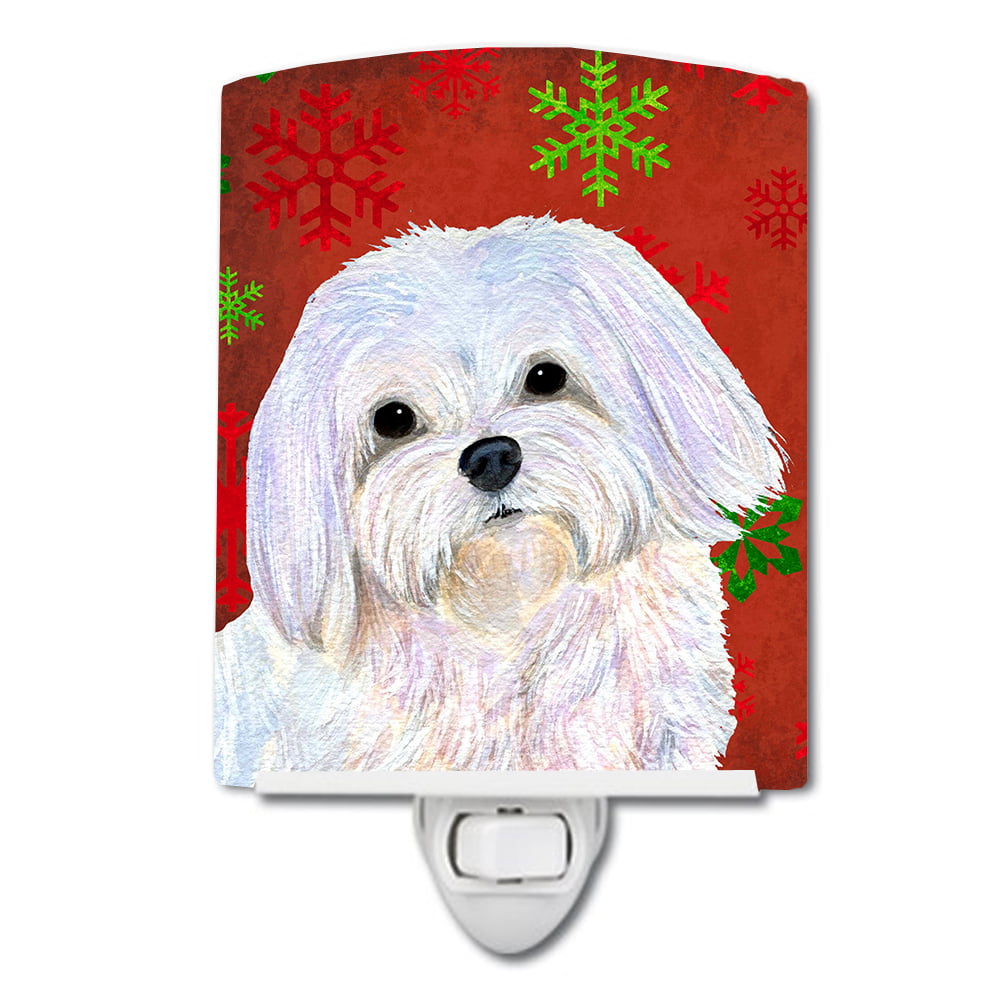 Maltese Red & Green Snowflakes Holiday Christmas Ceramic Night Light