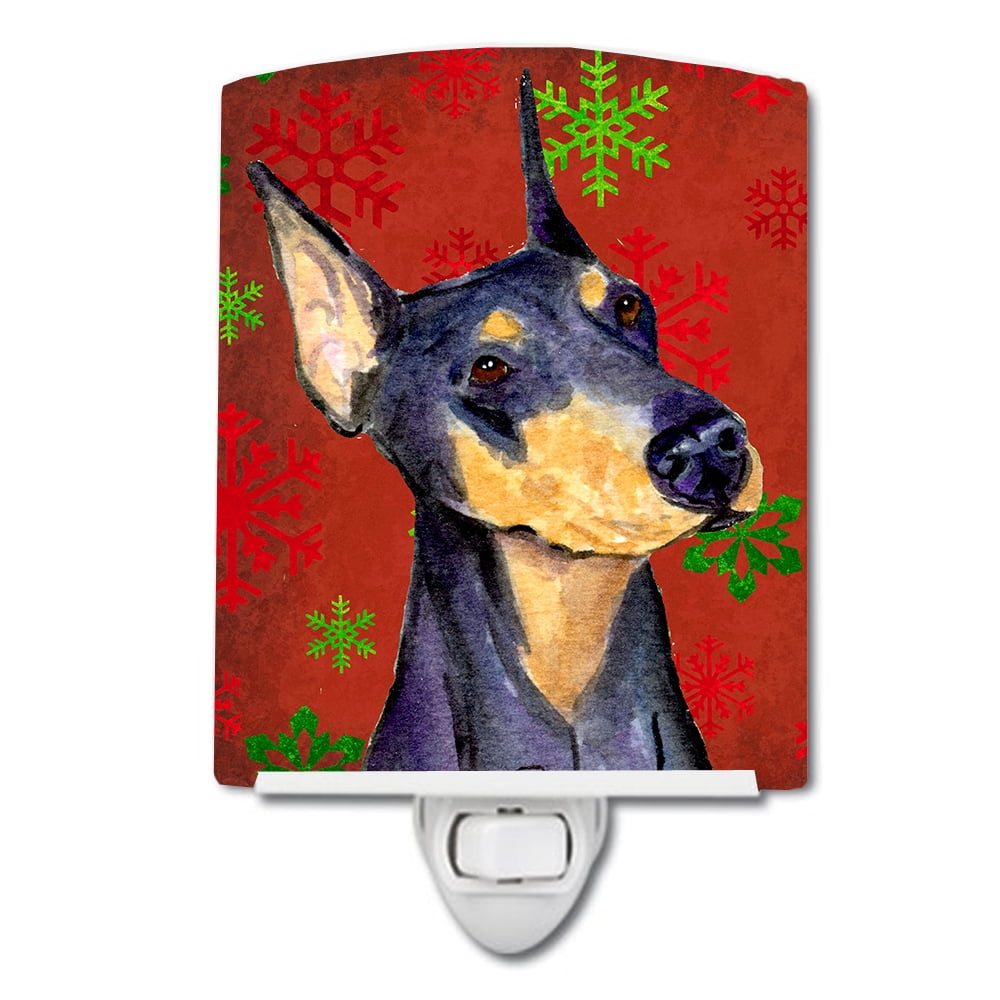 Doberman Red & Green Snowflakes Holiday Christmas Ceramic Night Light