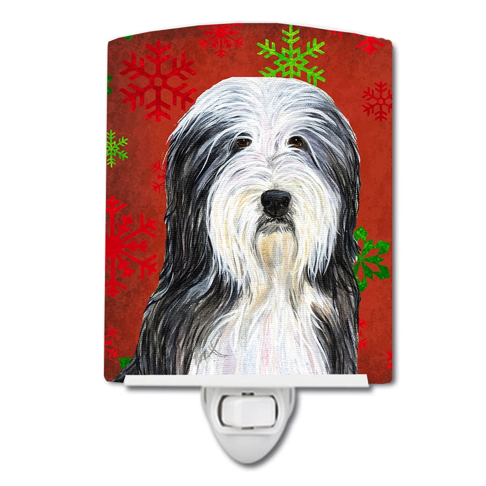 Bearded Collie Red & Green Snowflakes Holiday Christmas Ceramic Night Light