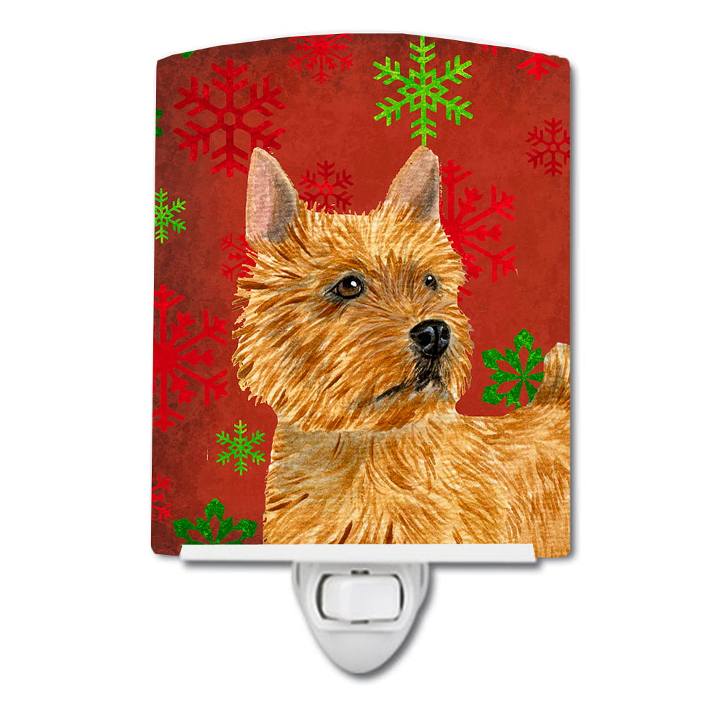 Norwich Terrier Red & Green Snowflakes Holiday Christmas Ceramic Night Light