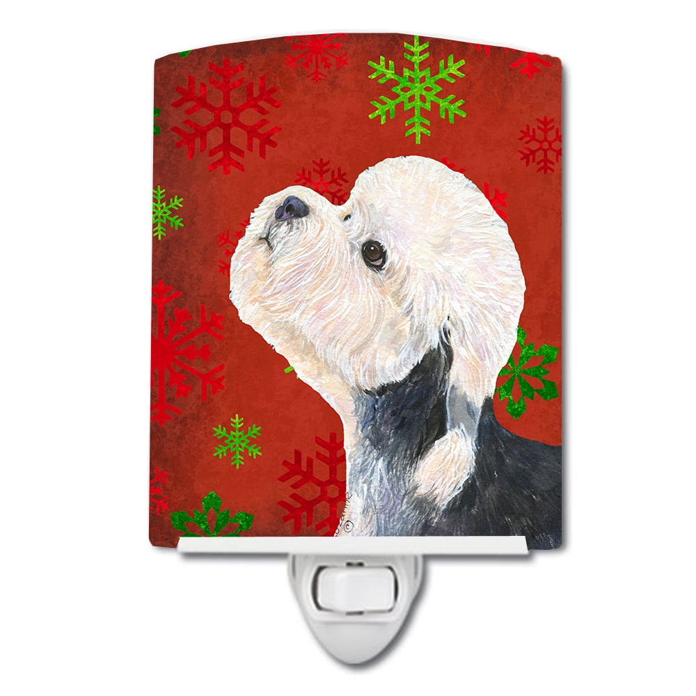 Dandie Dinmont Terrier Red & Green Snowflakes Christmas Ceramic Night Light