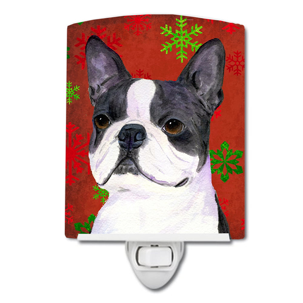 Boston Terrier Red & Green Snowflakes Christmas Ceramic Night Light