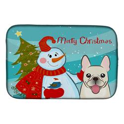 Snowman With French Bulldog Dish Drying Mat