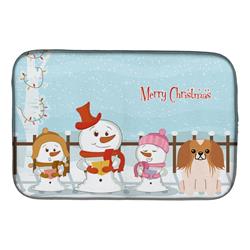 Merry Christmas Carolers Pekingnese Red White Dish Drying Mat