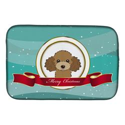 Chocolate Brown Poodle Merry Christmas Dish Drying Mat