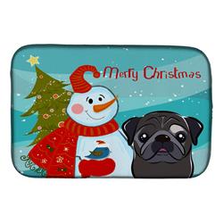 Snowman With Black Pug Dish Drying Mat