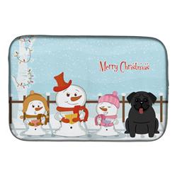 Merry Christmas Carolers Pug Black Dish Drying Mat