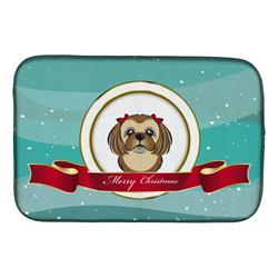 Chocolate Brown Shih Tzu Merry Christmas Dish Drying Mat