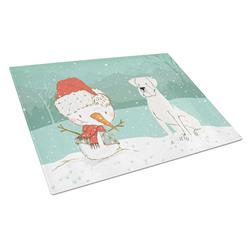 Picture of Carolines Treasures CK2034LCB White Boxer & Snowman Christmas Glass Cutting Board - Large