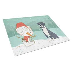 Picture of Carolines Treasures CK2035LCB Black Boxer & Snowman Christmas Glass Cutting Board - Large