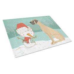 Picture of Carolines Treasures CK2040LCB Fawn Natural Great Dane Snowman Christmas Glass Cutting Board - Large