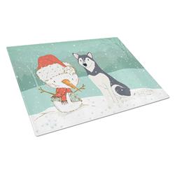 Siberian Husky Snowman Christmas Glass Cutting Board - Large