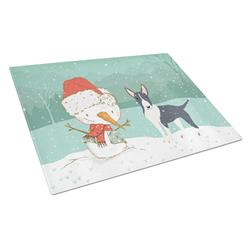 Picture of Carolines Treasures CK2055LCB Black Bull Terrier Snowman Christmas Glass Cutting Board - Large