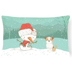 Brown & White Terrier Snowman Christmas Canvas Fabric Decorative Pillow
