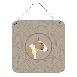 Fawn & White Bull Terrier in the Kitchen Wall or Door Hanging Prints