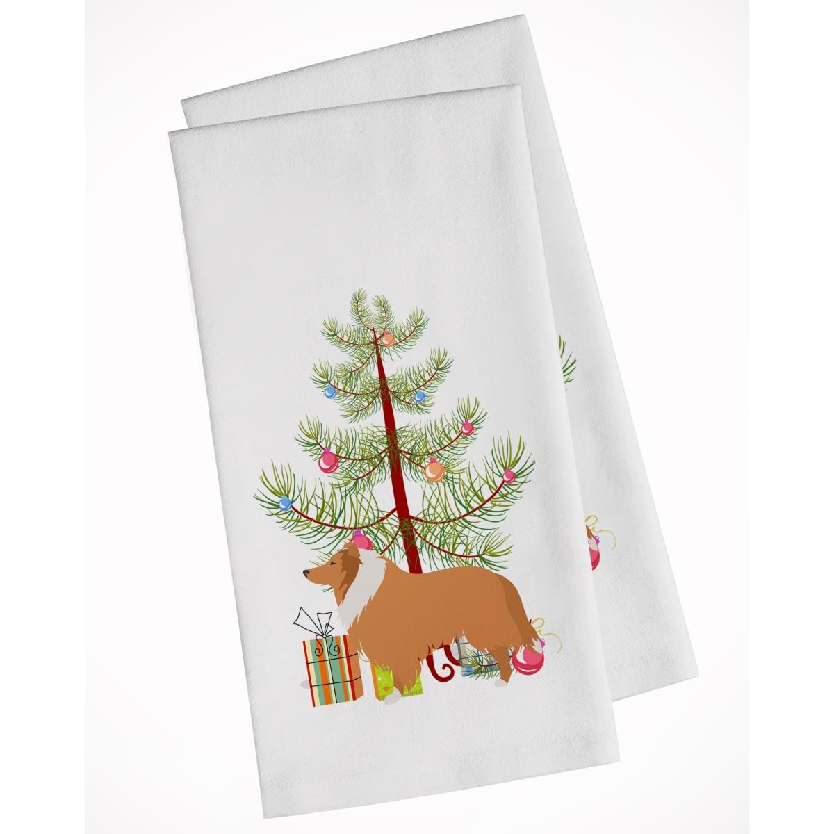 Picture of Carolines Treasures BB2934WTKT Collie Dog Merry Christmas Tree White Kitchen Towel - Set of 2
