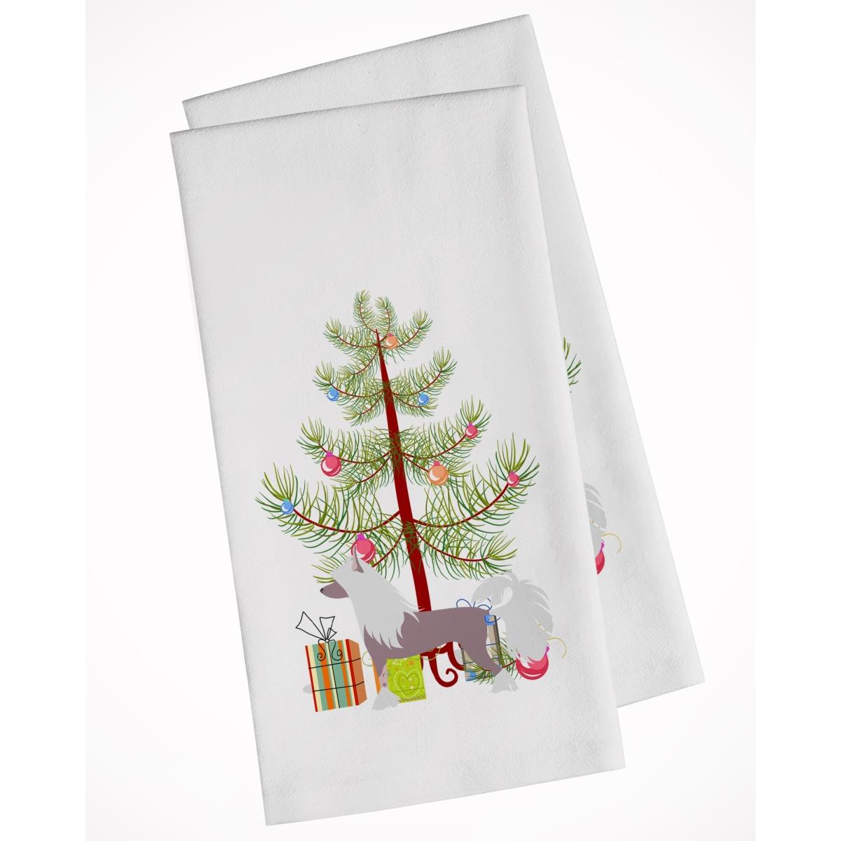 Picture of Carolines Treasures BB2961WTKT Chinese Crested Merry Christmas Tree White Kitchen Towel - Set of 2