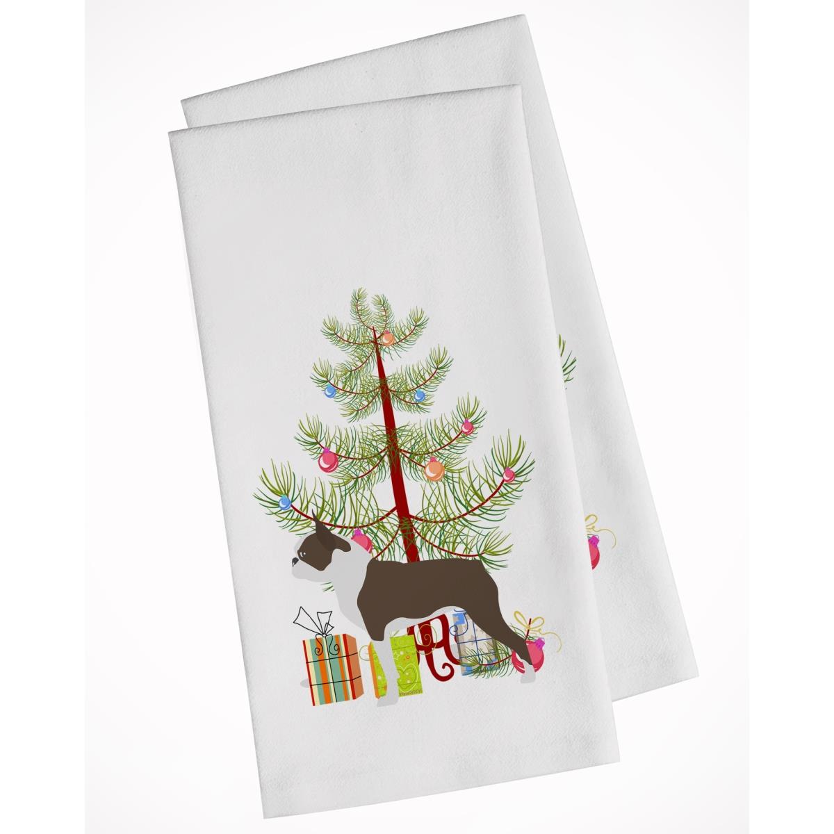 Picture of Carolines Treasures BB2962WTKT Boston Terrier Merry Christmas Tree White Kitchen Towel - Set of 2