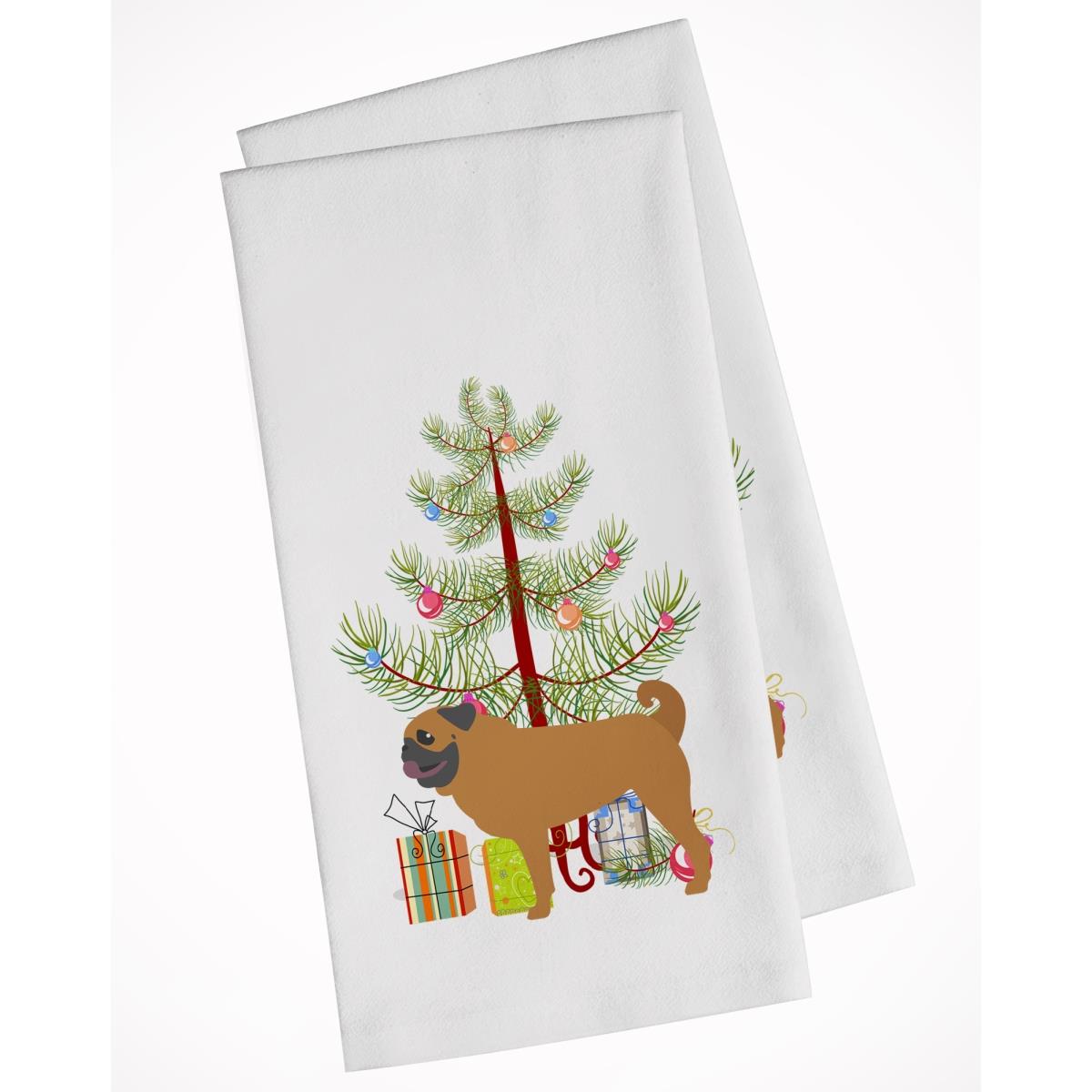 Picture of Carolines Treasures BB2965WTKT Pug Merry Christmas Tree White Kitchen Towel - Set of 2