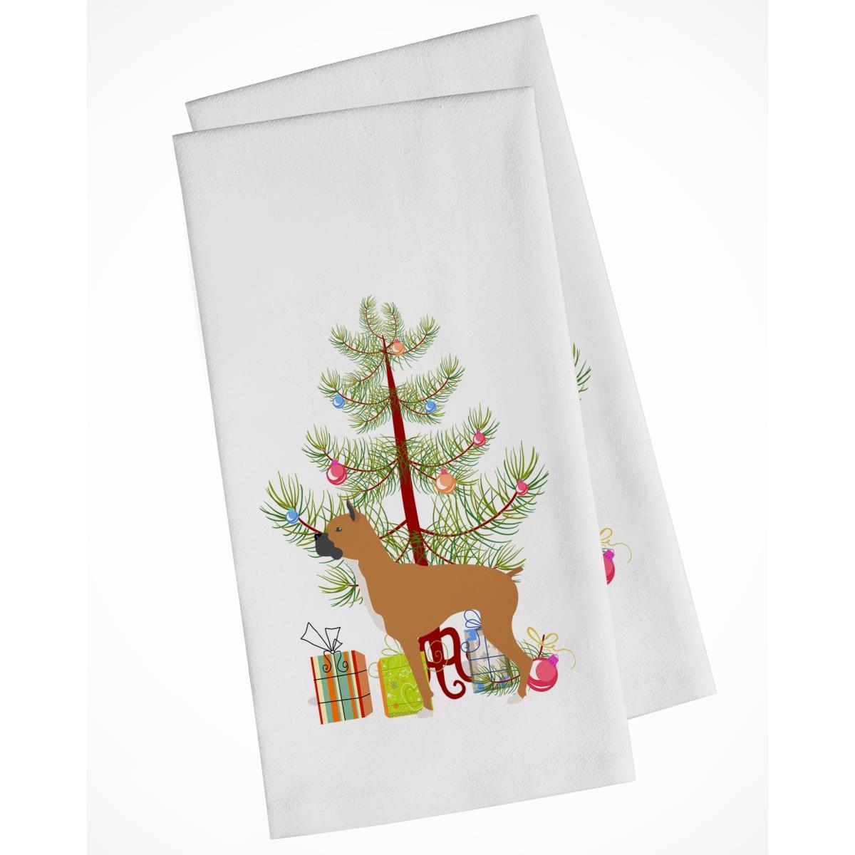 Picture of Carolines Treasures BB2971WTKT Boxer Merry Christmas Tree White Kitchen Towel - Set of 2