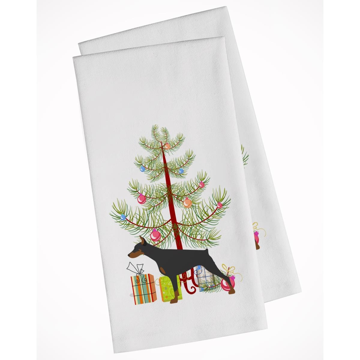 Picture of Carolines Treasures BB2978WTKT Doberman Pinscher Merry Christmas Tree White Kitchen Towel - Set of 2