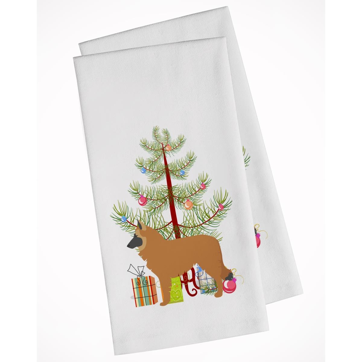Picture of Carolines Treasures BB2979WTKT Belgian Shepherd Merry Christmas Tree White Kitchen Towel - Set of 2