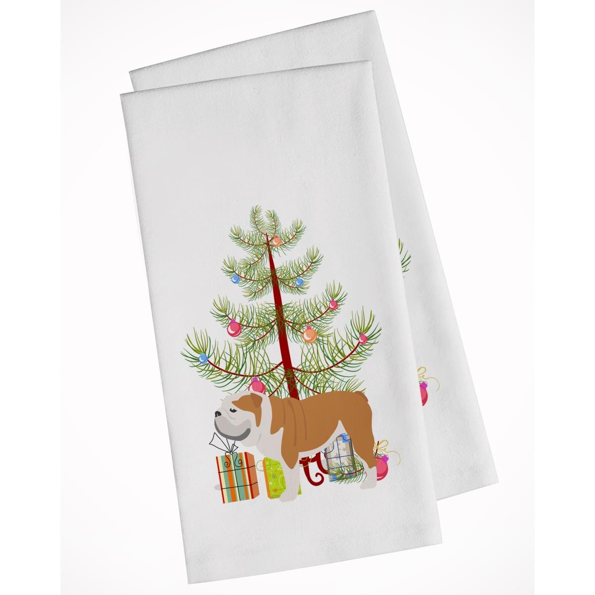 Picture of Carolines Treasures BB2980WTKT English Bulldog Merry Christmas Tree White Kitchen Towel - Set of 2