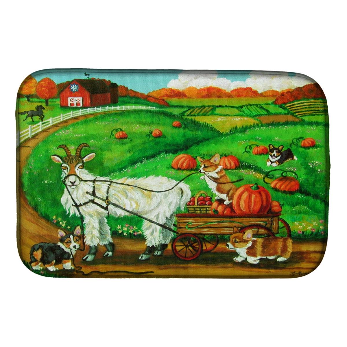 Picture of Carolines Treasures 7414DDM Corgi Pumpkin Ride With Goat Dish Drying Mat
