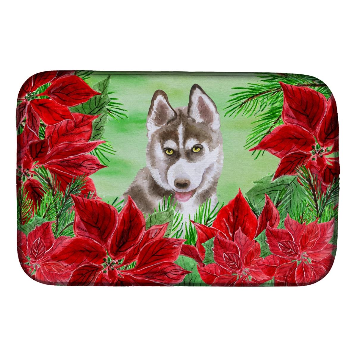 Siberian Husky Grey Poinsettas Dish Drying Mat
