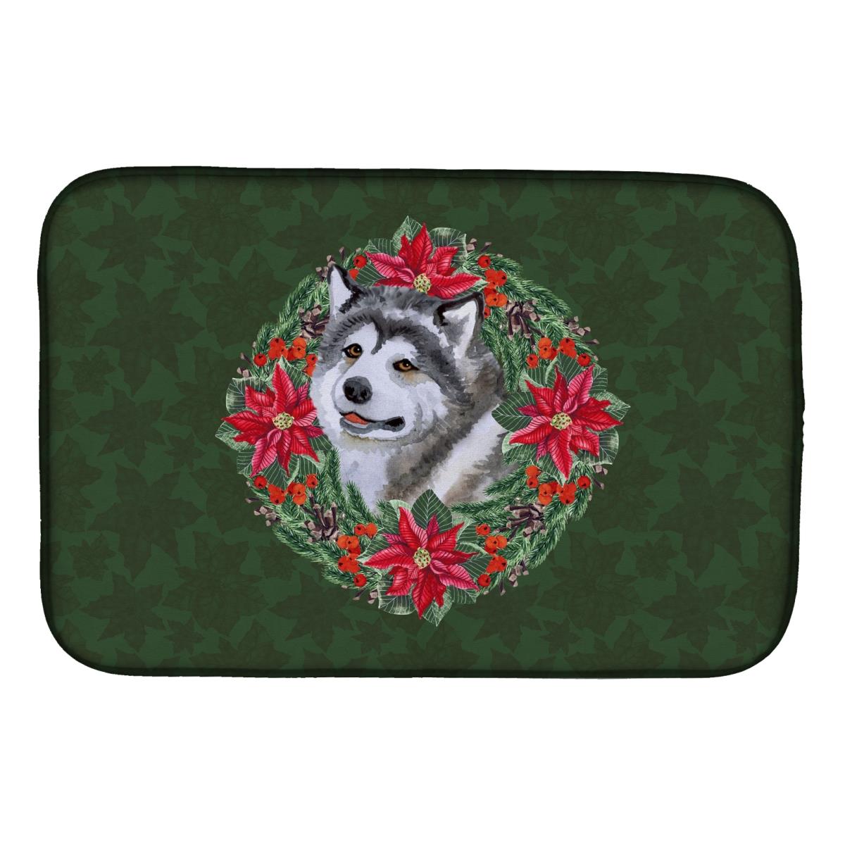 Alaskan Malamute Poinsetta Wreath Dish Drying Mat