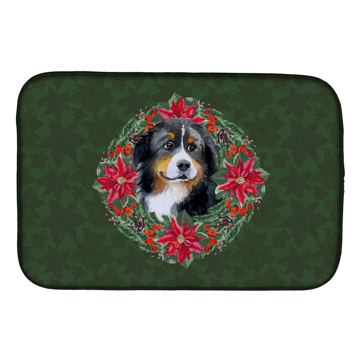 Bernese Mountain Dog Poinsetta Wreath Dish Drying Mat