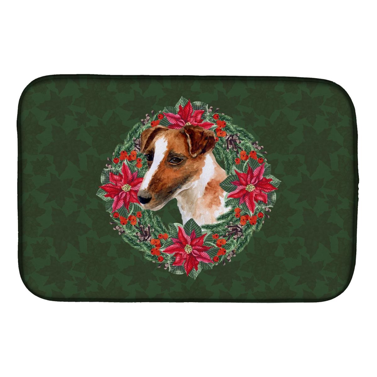 Smooth Fox Terrier Poinsetta Wreath Dish Drying Mat